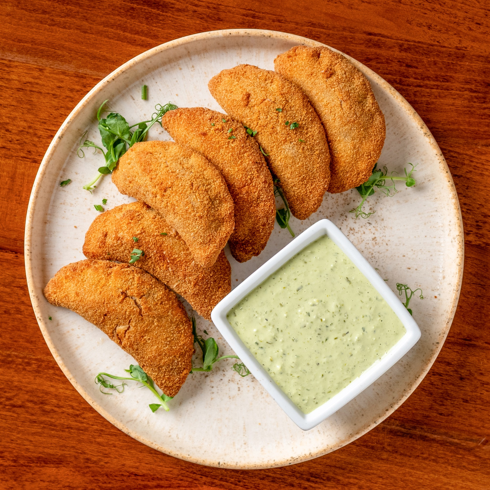 Golden-brown fried empanadas arranged on a plate with a side of creamy green dipping sauce.